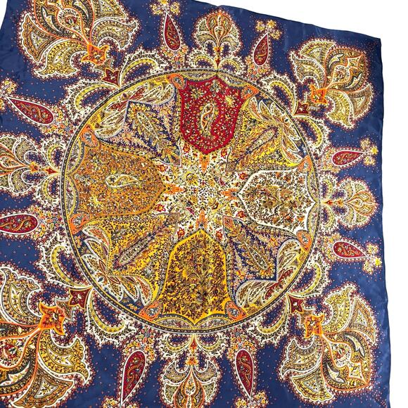 Vintage Silk Scarf Large Square paisley print blue gold red orange dramatic chic - Picture 5 of 7